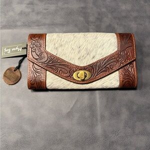 Myra Bag Brown and Cream Embossed Clutch